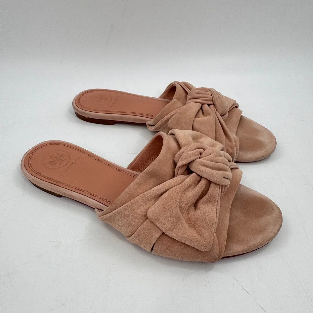Tory Burch Annabelle Bow Suede Slide Sandals Blush Nude Size 6.5 Leather Sole